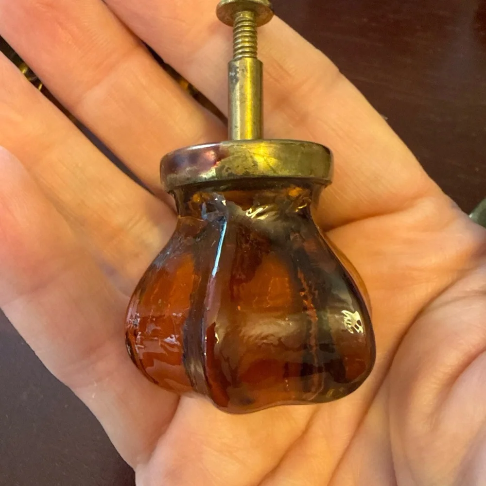Set of 2 Antique Amber Glass Knobs